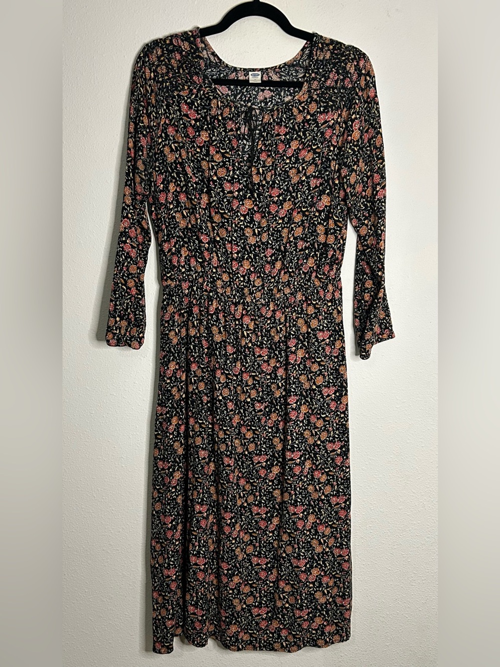 Old Navy Black Floral Long Sleeve Midi Dress with Pink & Tan Flowers